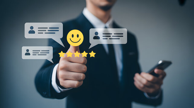 Businessman in suit holding smartphone with positive customer reviews and five star rating displayed prominently