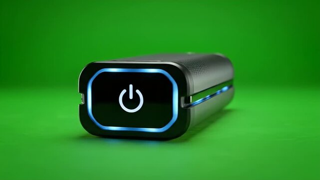 Sleek, dark cylindrical device with glowing blue trim and power icon on green backdrop