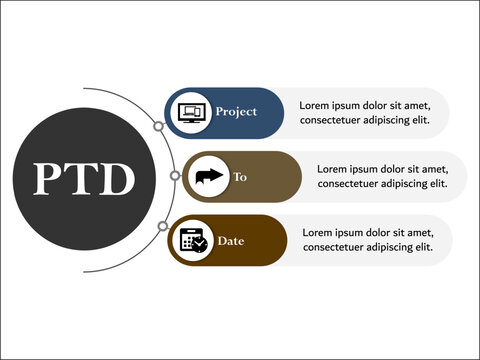 PTD - Project to Date acronym. Infographic template with icons and description placeholder