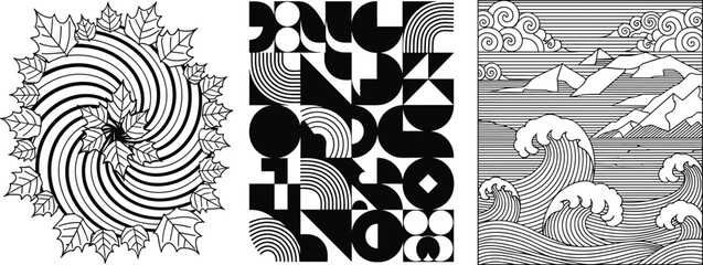 Abstract geometric swirl, typography shapes and ocean wave landscape vector illustration modern line art set © Ayejoddin