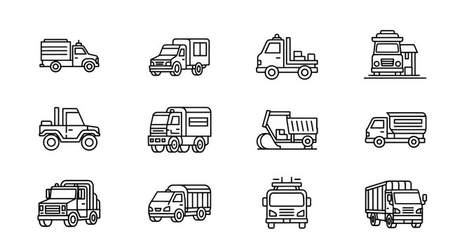 Set of 12 thin line icons of various trucks including pickup, firetruck, dump truck, delivery van and construction vehicles for industrial design projects