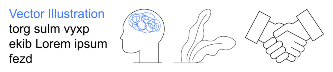 Obraz premium Mental health, collaboration, communication, nature , teamwork, decision-making. Outline of a brain, handshake and plant. Mental health and collaboration-related ideas highlighted