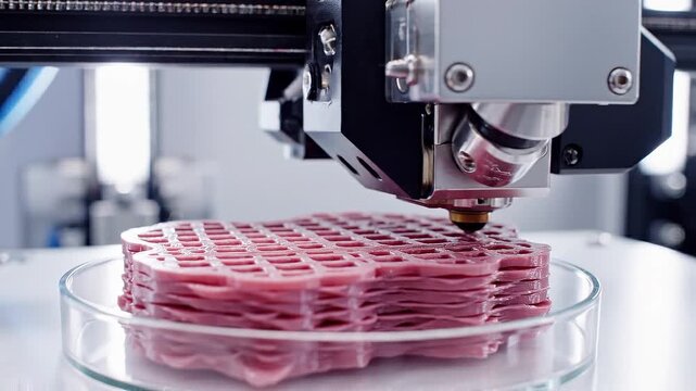 Three dimensional printer creating food product close up in laboratory