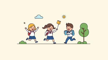 Fototapeta premium Happy school children running and playing together in the park on a sunny day.