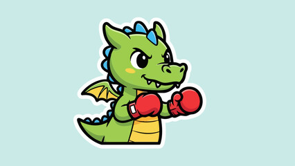 Obraz premium Cartoon Green Dragon with Boxing Gloves Ready to Fight.
