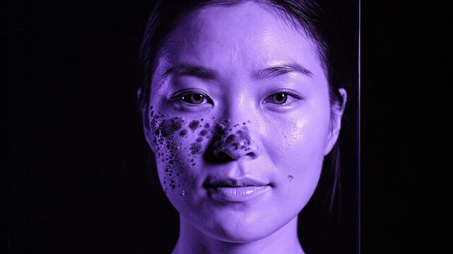 Womans face split screen comparison skin condition healthy side black background