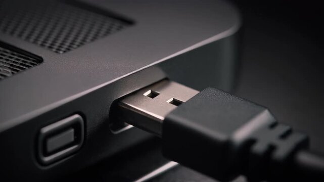 Close-up of a usb cable connecting to a laptop with a voip headset, showcasing a sleek, dark setup.