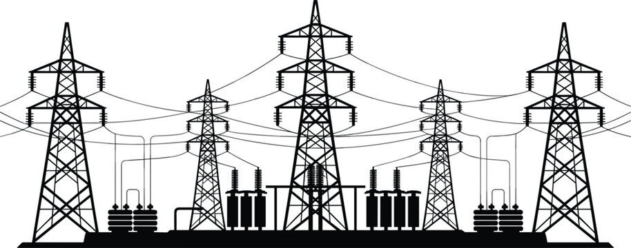 High Voltage Electrical Substation With Power Lines And Towers illustration