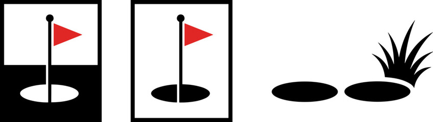 Golf hole icon set, flag pin symbols, course target, green grass vector illustration isolated flat design sports equipment collection graphic © MstMinara