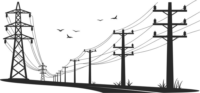 Silhouette of electricity pylons and utility poles with birds flying Keywords: electricity, power lines, pylon, utility pole