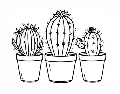 Three cacti in pots, black line art