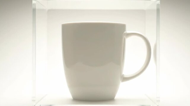 White mug in clear cube, simple studio shot for drink presentation or product display.