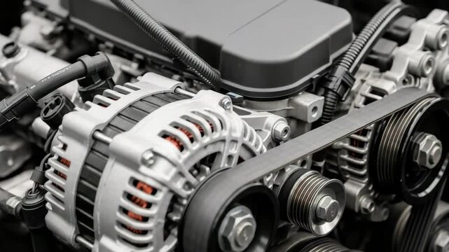 Close-up Of Car Engines Alternator Belt Pulleys Highlighting Its Mechanical Components Visible Other Parts Around The Engine In Automotive Setting For Technical Documentation Vehicle