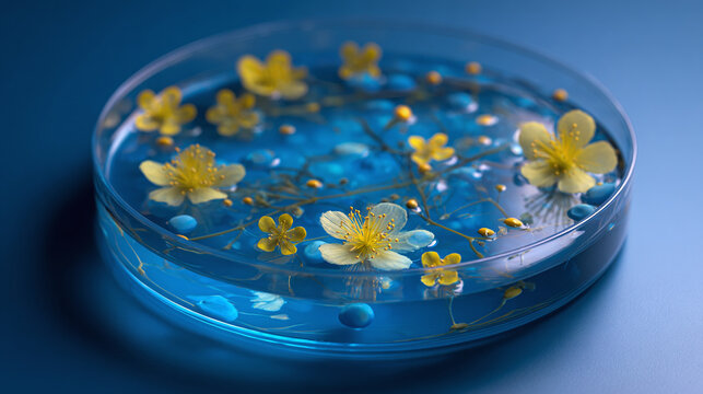 A close-up view of delicate flowers floating in a petri dish filled with blue liquid. It's a striking image that merges art and science