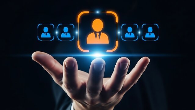 Hand interacting with digital icons representing people and networking concepts online  futuristic technology interface