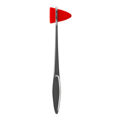 Medical reflex hammer with red rubber head and metallic handle on a white background