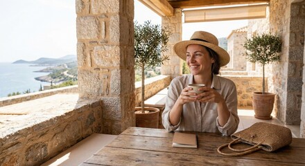 Fototapeta premium Solo woman traveler relaxing with coffee on Mediterranean terrace