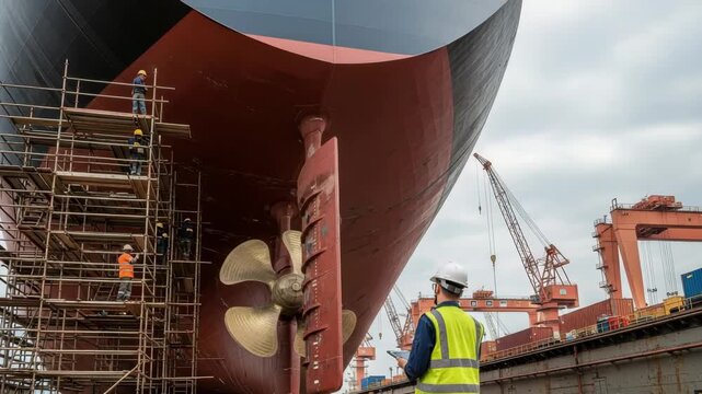 Ship Undergoing Maintenance Inspection At Shipyard With Workers On Scaffolding Supervisor Crane Cargo Containers Visible In The Background For Maritime Industry Engineering Publicati