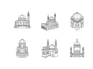 Fototapeta premium Hand-drawn Islamic mosque architecture icons set with domes and minarets, perfect for cultural and religious design projects