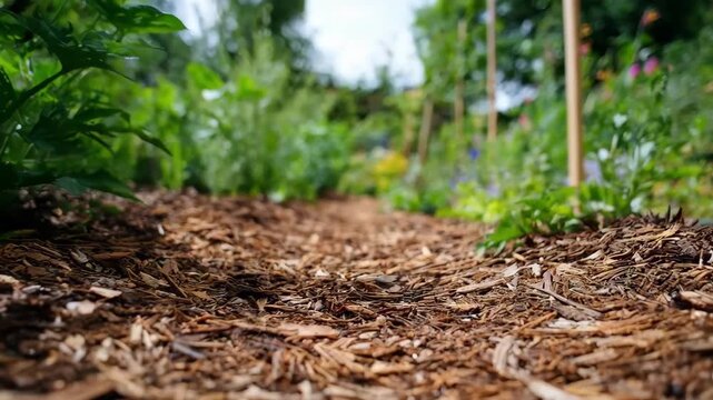 Medium shot of garden soil covered with natural mulch showcasing ecofriendly weed suppression without chemicals in a sustainable gardening setting.