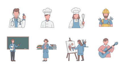 Fototapeta premium Set of diverse profession icons including doctor, chefs, mechanic, teachers, artist and musician, ideal for career and education themed projects