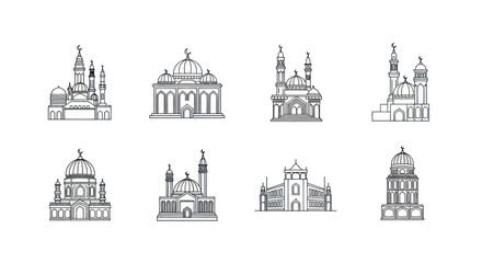 Set of eight black and white mosque line art icons with domes and minarets, Islamic architecture vector collection for religious and cultural design