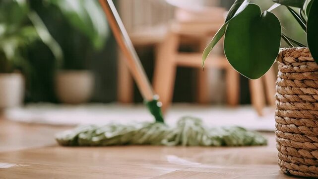 Medium shot of cleaning hardwood floors with ecoconscious plantbased floor cleaner and microfiber mop emphasizing sustainable household care