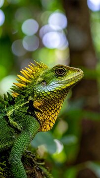 A vibrant lizard, green and yellow, perches on a branch with a serene gaze. The bokeh background adds depth, emphasizing the creature