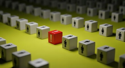 Fototapeta premium A lone red cube stands out among numerous white cubes on a gradient green surface viewed from a slight angle