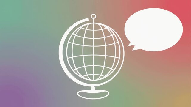 A white globe with a speech bubble on a multicolored background viewed from the front