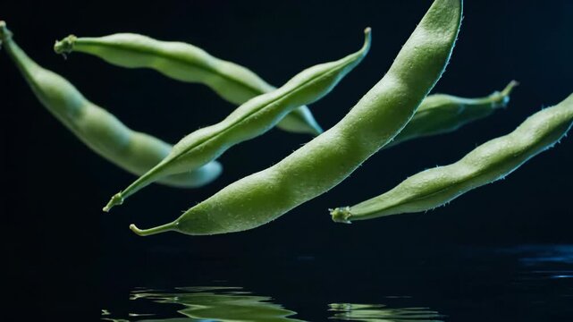 Fresh green beans floating over water against dark backdrop, healthy food concept.