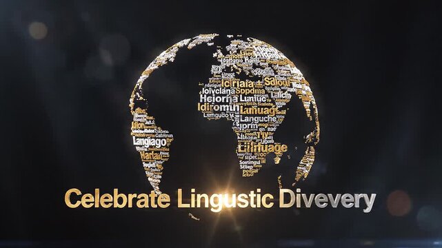 Globe Celebrating Linguistic Diversity with Words Forming Continents in Golden Light against Dark Background