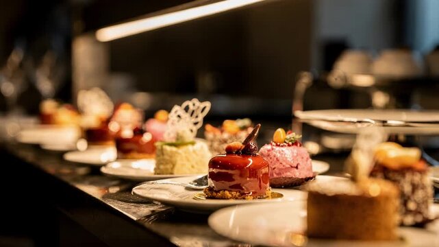 Close medium shot of glowing accent lights angled on gourmet desserts drawing attention to intricate details with the rest of the buffet softly out of focus.
