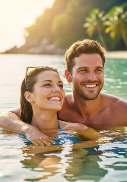 Couple Embracing in Shallow Water on Tropical Beach at Sunset