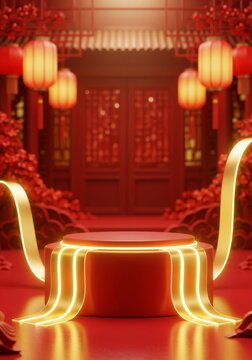 Festive Red Chinese New Year Stage Podium with Lanterns Backdrop