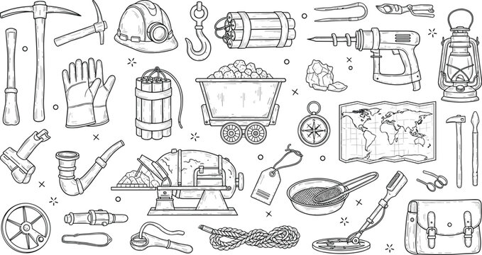 Mining Equipment and Tools Icon Set Vector Illustration Industrial Worker Gear Collection Design Pack