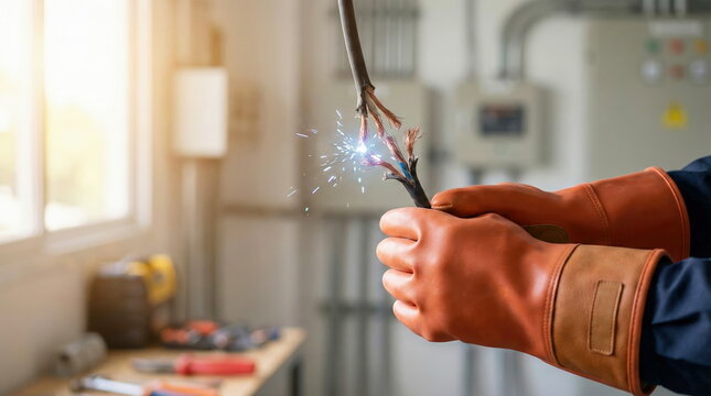 Worker in safety gloves holding a damaged electrical wire with sparks, indicating a dangerous short circuit and electrical hazard.