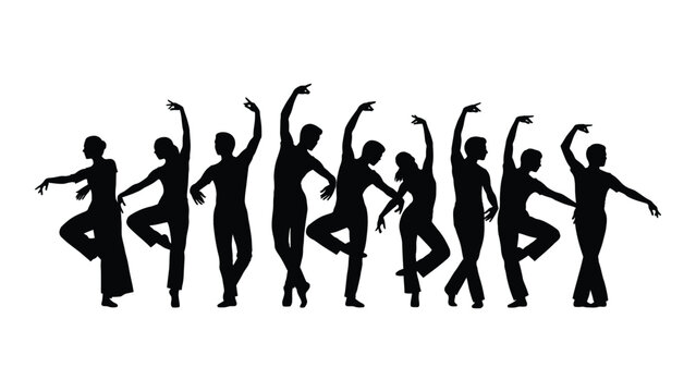 Silhouettes of dancers in various poses against a white background isolated on white background, Vector