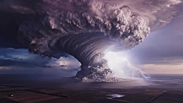 Massive rotating thunderstorm with intense lightning over dark flat farmland