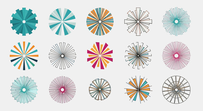 Collection of 15 Abstract Geometric Sunburst Radial Patterns, Circular Designs, Starbursts, and Mandalas