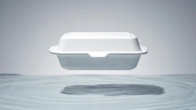 Polystyrene food container on table, take away food packaging studio shot.