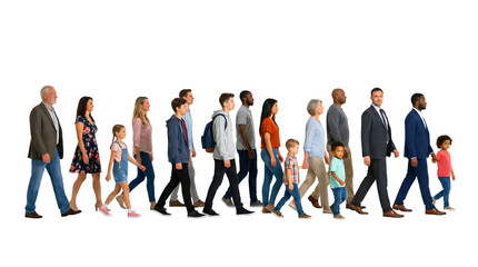 Obraz premium Diverse group of people walking together on transparent background