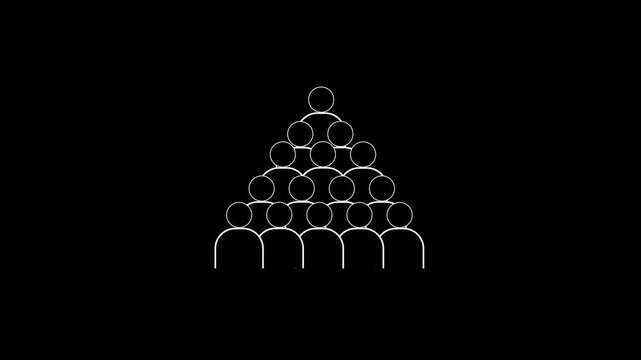 Minimalist white line of a hierarchical organizational chart with people on a black background for business and teamwork concepts