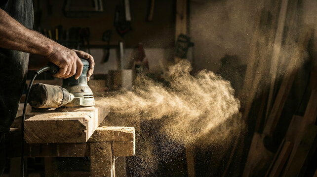 Skilled craftsman's hands operating an orbital sander on wood, creating a mesmerizing cloud of sawdust in a dusty workshop.