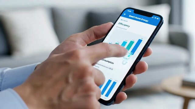 Person controlling smart home energy efficiency on smartphone