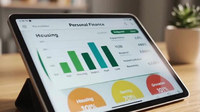 Woman uses financial app on tablet, viewing housing expenses and budget details
