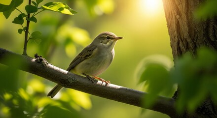 Obraz premium Small Bird on Branch with Sunlight Shining Through Green Leaves