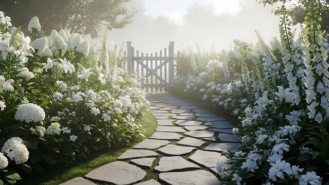 Stone garden pathway leading toward a white wooden gate surrounded by lush white blossoms.