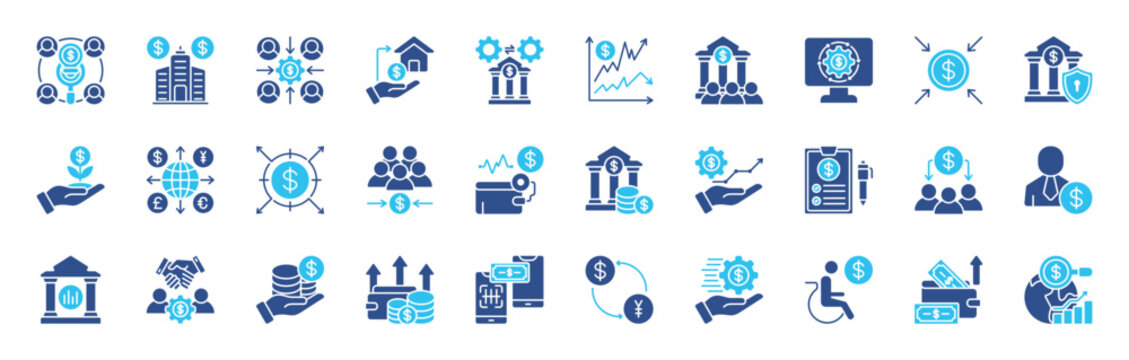 Banking Services color style icon set editable stroke. Containing bank, advisor, money, insurance, foreign exchange, mutual funds and more. Vector illustration eps 10