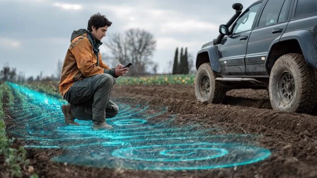 Mechanic wiring advanced driverassistance sensors on a vehicle in a rural setting highlighting adaptation for uneven terrain and agricultural environments.